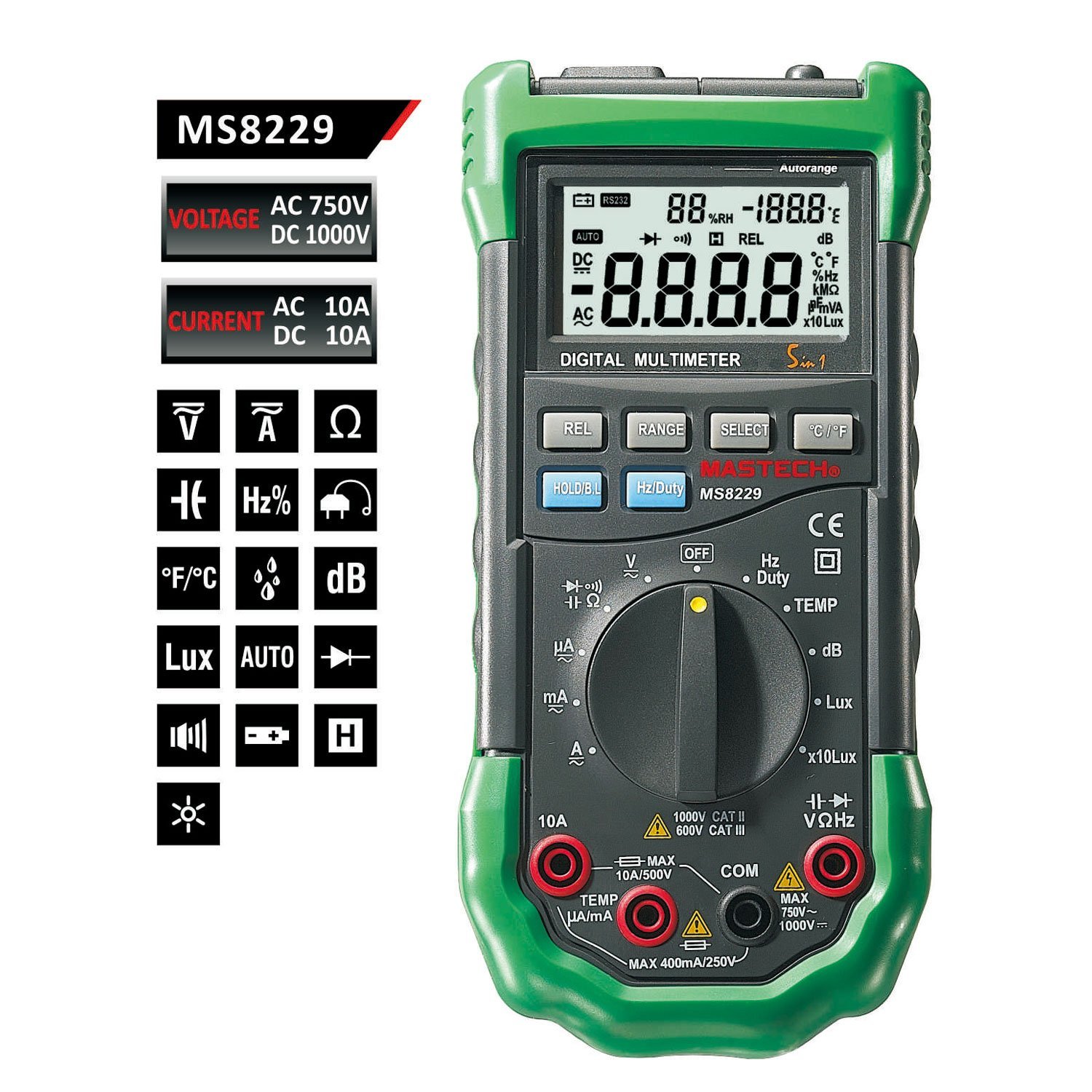 Mastech MS8229 Auto-Range 5-in-1 Multi-functional Digital Multimeter - Functions.